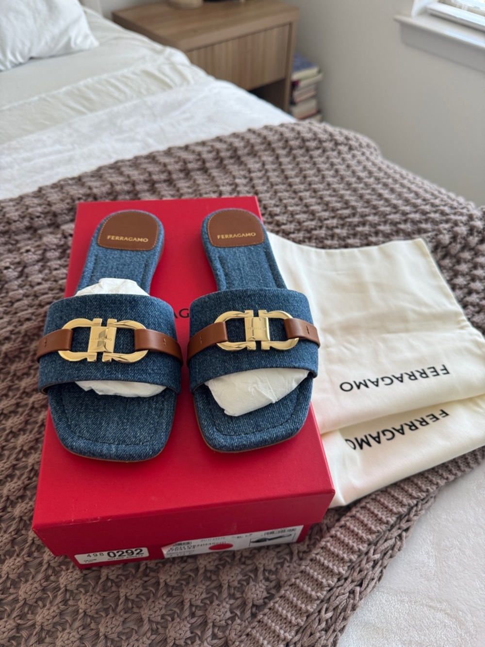 Salvatore Ferragamo Denim Blue and Brown Slide Sandals with Gold Buckle